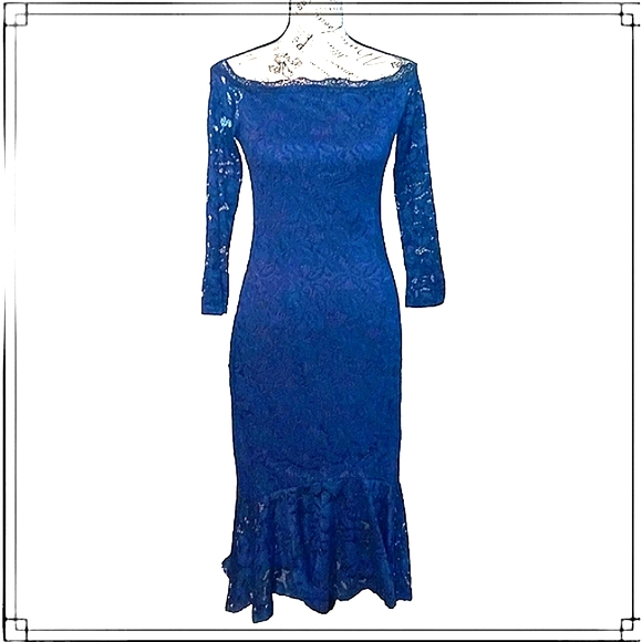 Misguided Blue Lace Bardot Fishtail Formal Dress Size Small - Picture 3 of 14